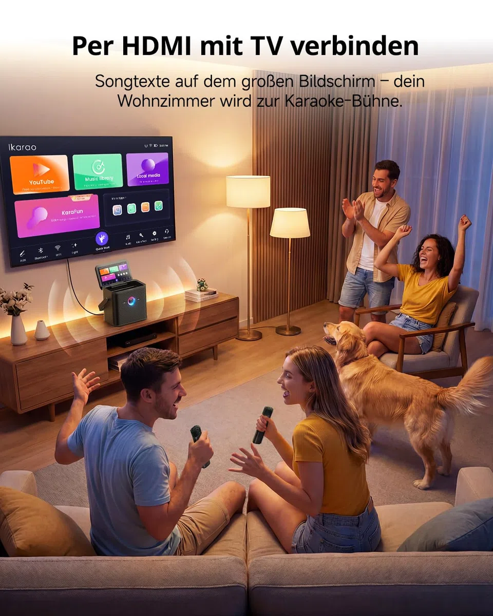 Ikarao Karaoke-Maschine für Erwachsene Kinder, mit Songtext-Display, WiFi-Verbindung zu YouTube & Karaoke-App, 2 EQ Autotune drahtlose Mikrofone, tragbares PA-System für Zuhause, Familie, Party
