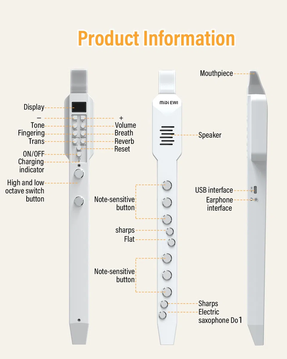Digitales Blasinstrument Weiß MIDI-Bluetooth Elektronisches Blasinstrument Abnehmbare Düse Stromkabel 10 Instrumententöne