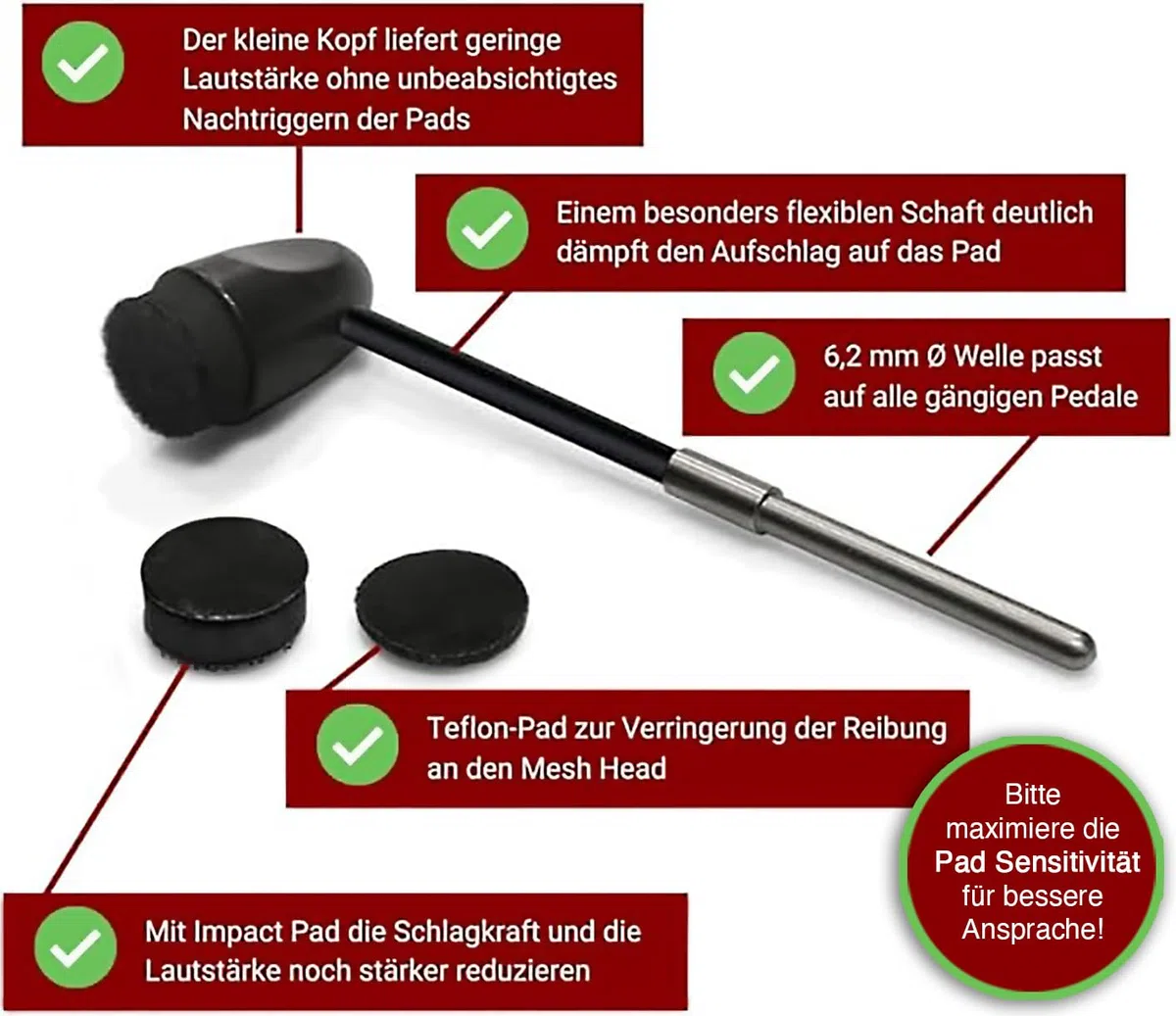 Adoro Silent e Sticks & Bassdrum Beater für e Drum & Drum Pad - Die weiche Spitze aktiviert den e Schlagzeug und reduziert gleichzeitig laute Kontaktgeräusche - kein hartes "Thwack" mehr-