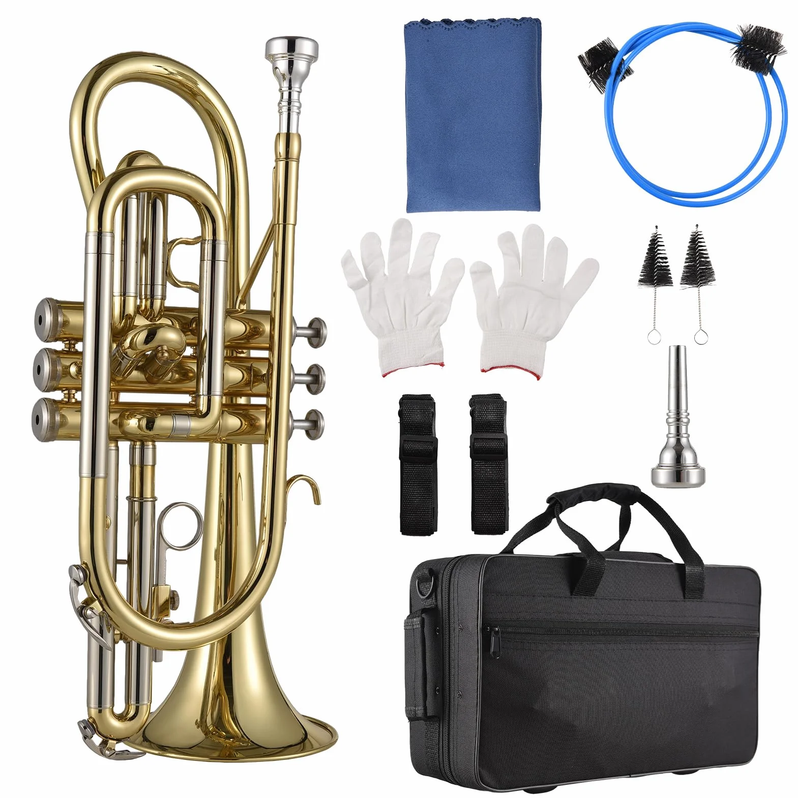 Btuty Bb-Kornett, Messing, Ventile Edelstahl, mit einem multifunktionalen Hartschalenkoffer, Handschuhen, Reinigungstuch, Bürsten, Ideal für Schüler und Anfänger, Gold/Silber