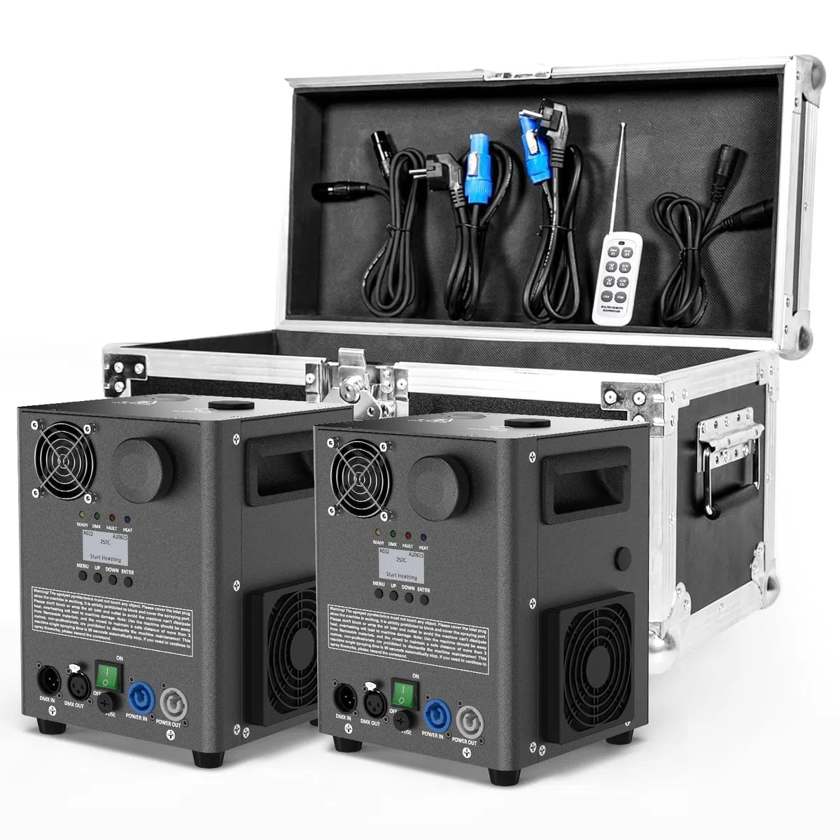 2 Stück mit Flightcase 1000W Schwarz Elektronisch Pyrotechnikmaschinen, Bühne Spezialeffekt Ausrüstung mit d-mx512 & Kabellose Fernbedienung Funkenmaschine für Hochzeit Party Konzert Weihnachten