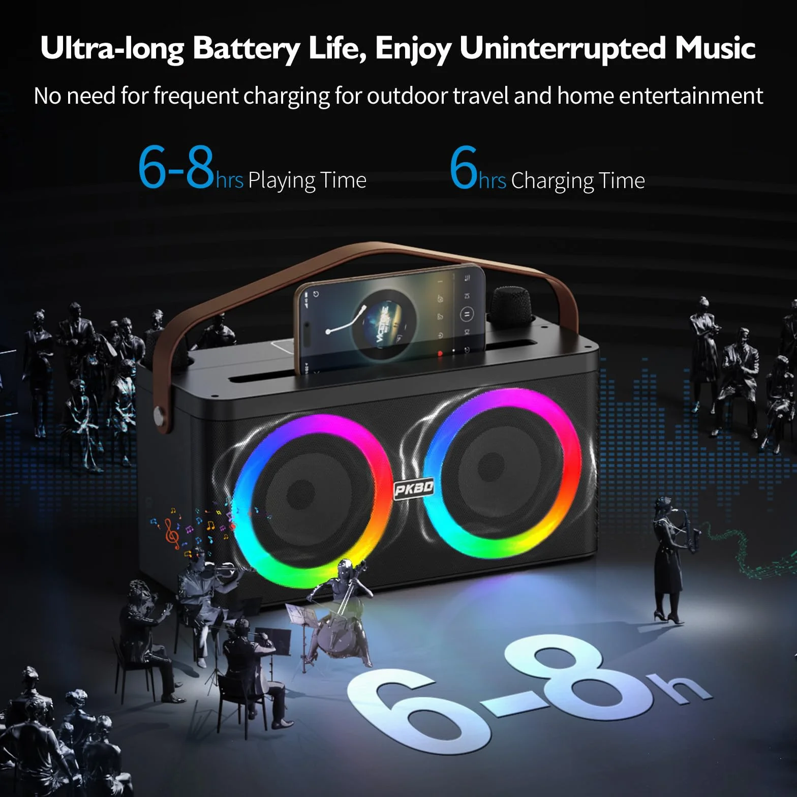 PKBD Karaoke Maschine mit Telefon-/Pad-Halterung, Tragbarer Bluetooth-Lautsprecher mit 2 kabellosen Mikrofonen/LED-Leuchten/PA-System, Unterstützt Mikrofonplatzierung für Heimpartys, Outdoor/Indoor
