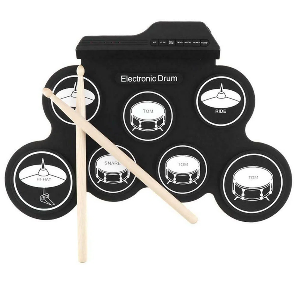 Ejoyous Elektronisches Schlagzeug, 7 Silikon-Drum-Pads mit 5 Stimmungen, 8 Demo-Songs, 3 Rhythmen, Aufrollbares Schlagzeug-Übungspad mit MP3-Eingang, für Smartphones und Tablets