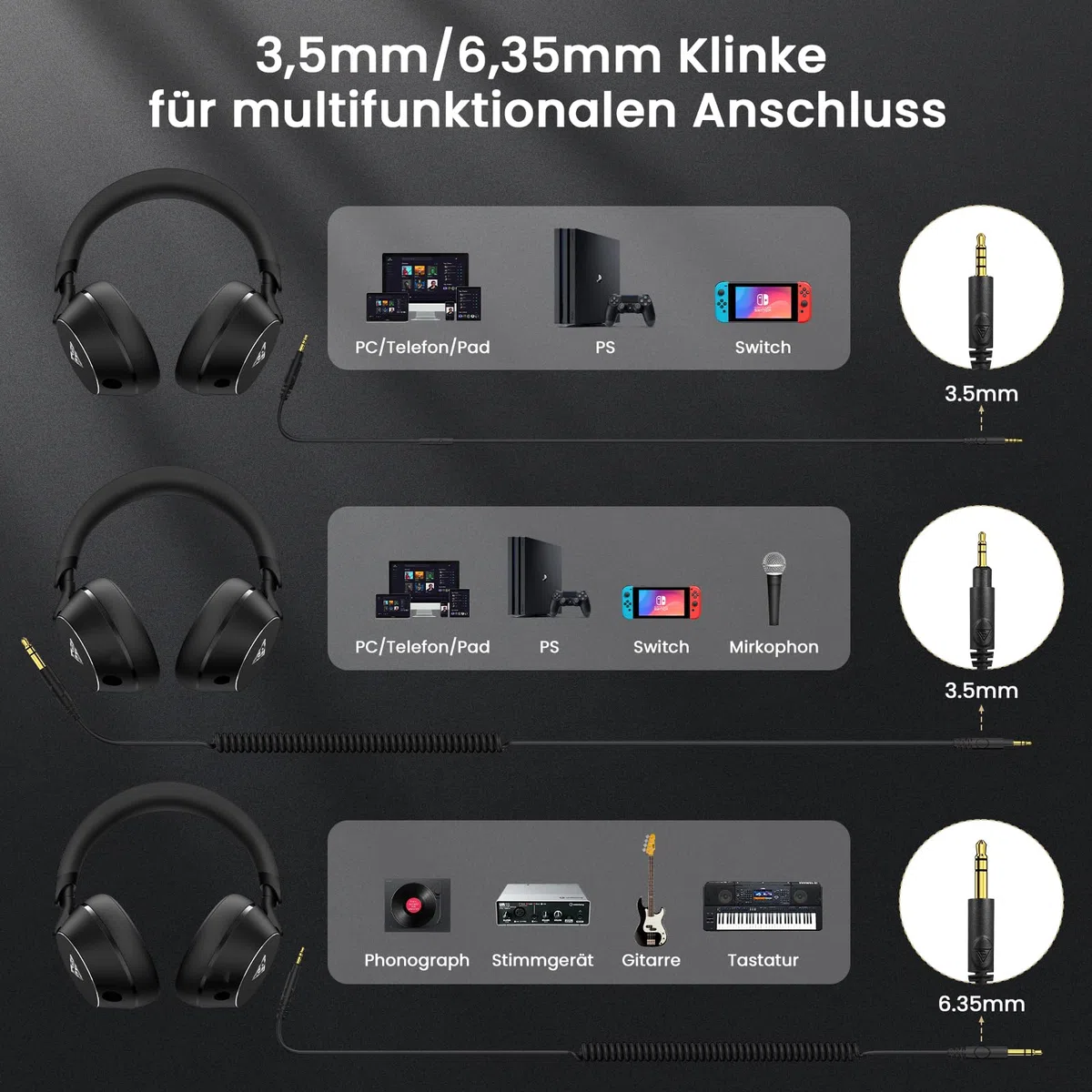 DOQAUS Over Ear Kopfhörer mit Kabel, 50mm HiFi Studio Kopfhörer für DJ & Monitoring, mit 6.35mm & 3.5mm Dual-Stecker, Share Port, Bequeme Ohrpolster, Drehbare Ohrmuscheln, Schwarz