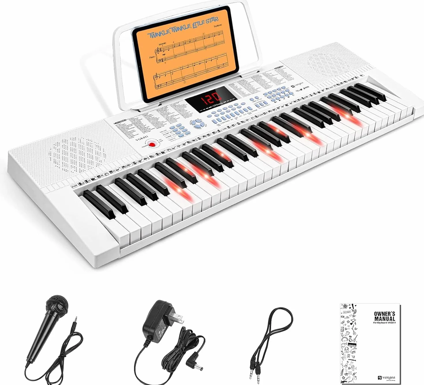 Vangoa Elektronische Klaviertastatur 61 Leuchttasten Tragbare Anfänger Musik-Tastatur Klavier, Notenständer, Mikrofon, 350Klangfarben, 350 Rhythmen, 30 Demos, Weiß
