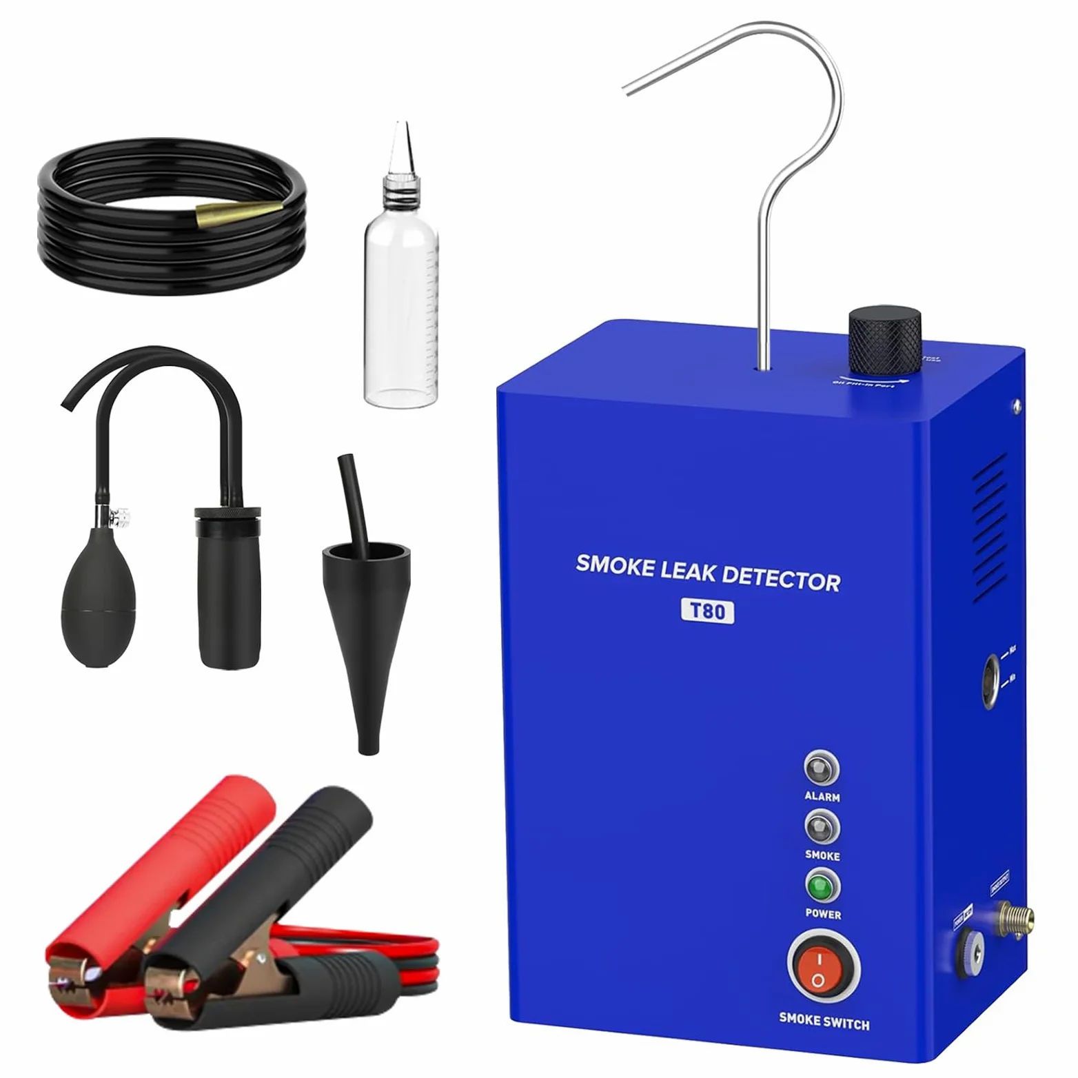 12V Rauchmaschine Lecksuchgerät EVAP Leck Detektor Set, Dichtheitsprüfung für Auto, Motorrad, LKW & Boot, mit Stromklemmen, Adapter & Rauchleitung (T80)