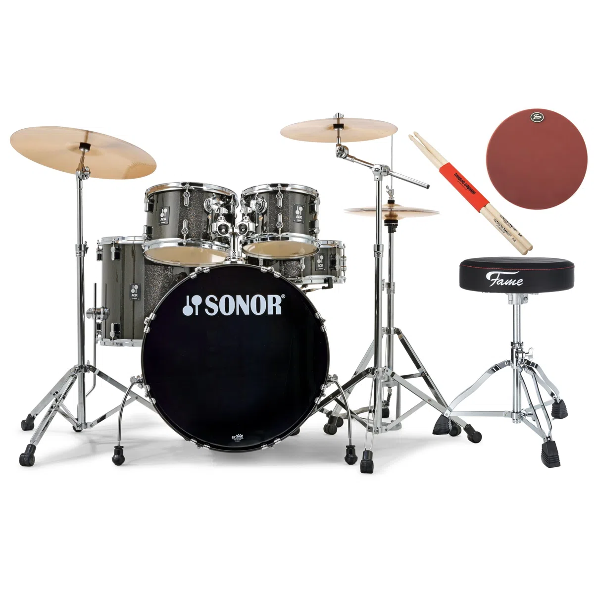 Sonor AQX Stage Komplettset, 22 Zoll BassDrum, Schwarz, Chrom Hardware, Inklusive Becken und Drumhocker