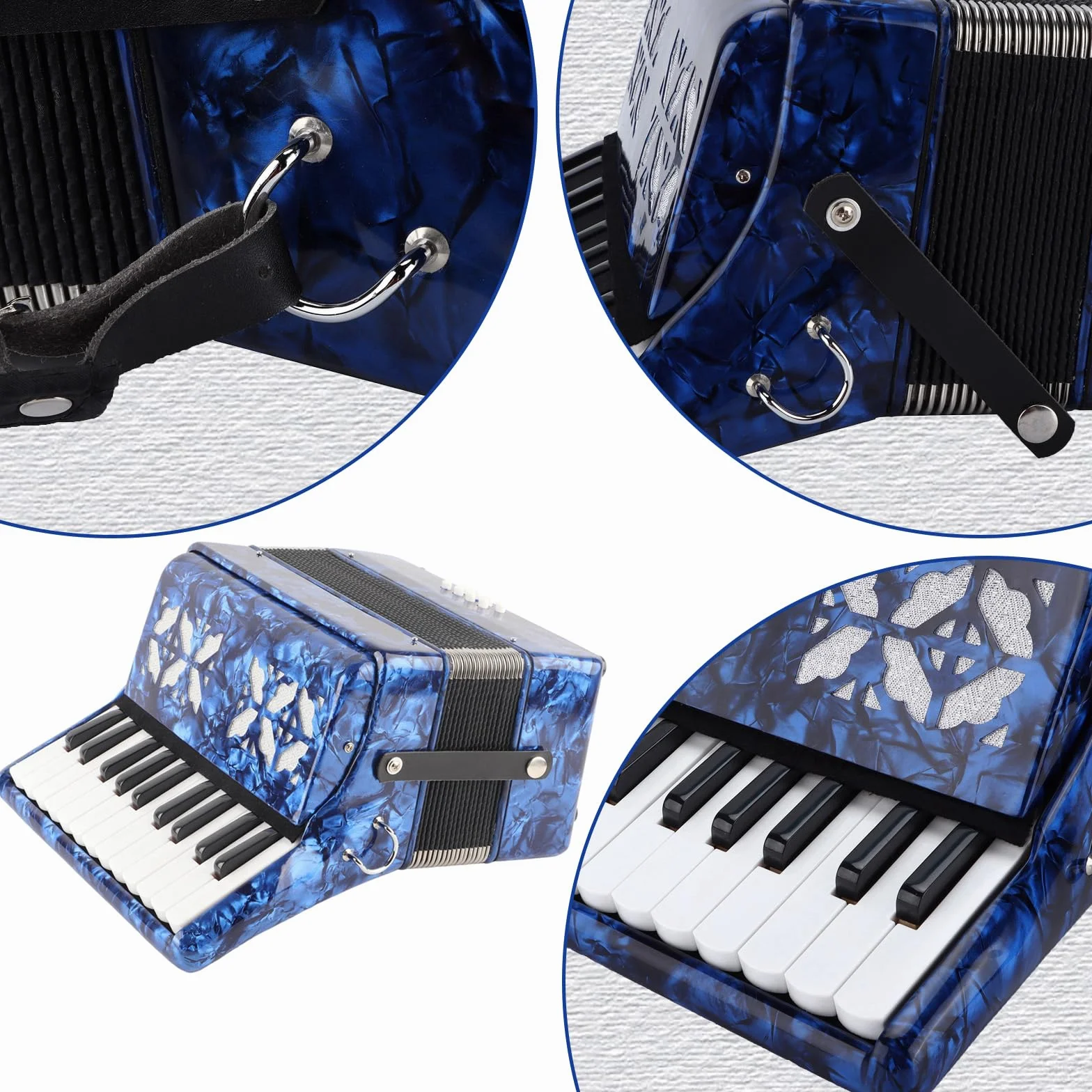 Akkordeon 22 Tasten, Ziehharmonika mit Riemen, Akkordeon für Erwachsene, 8 Bass Accordion, Professionell Keyboard Instrument, Geschenk für Anfänger und Kinder Leistung