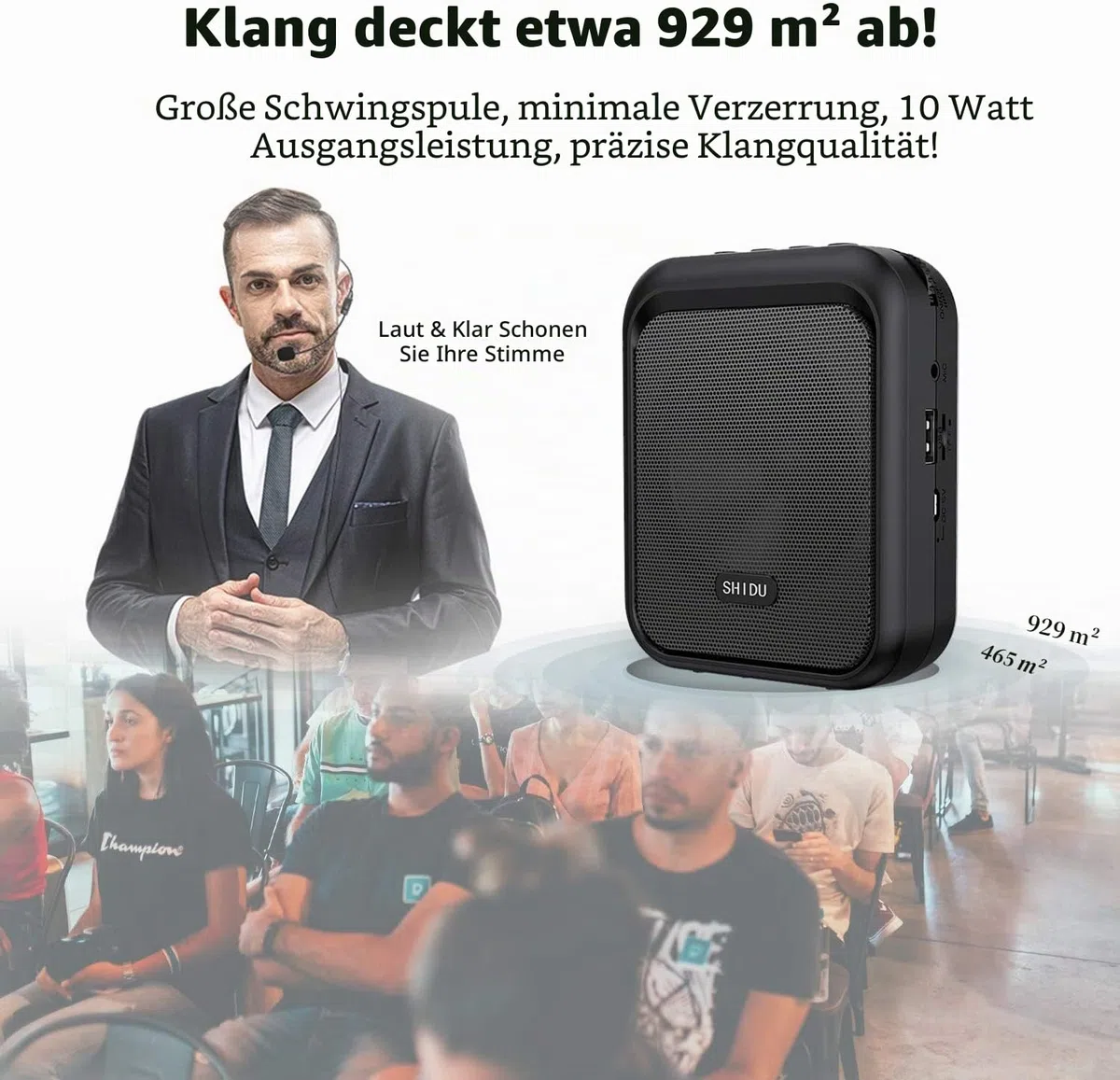 SHIDU Sprachverstärker Tragbarer wiederaufladbarer Bluetooth-Lautsprecher mit kabelgebundenem Mikrofon-Headset 10W 1800mAh PA-System Unterstützt Audio im MP3-Format für Lehrer, Taxifahrer, Reiseleiter