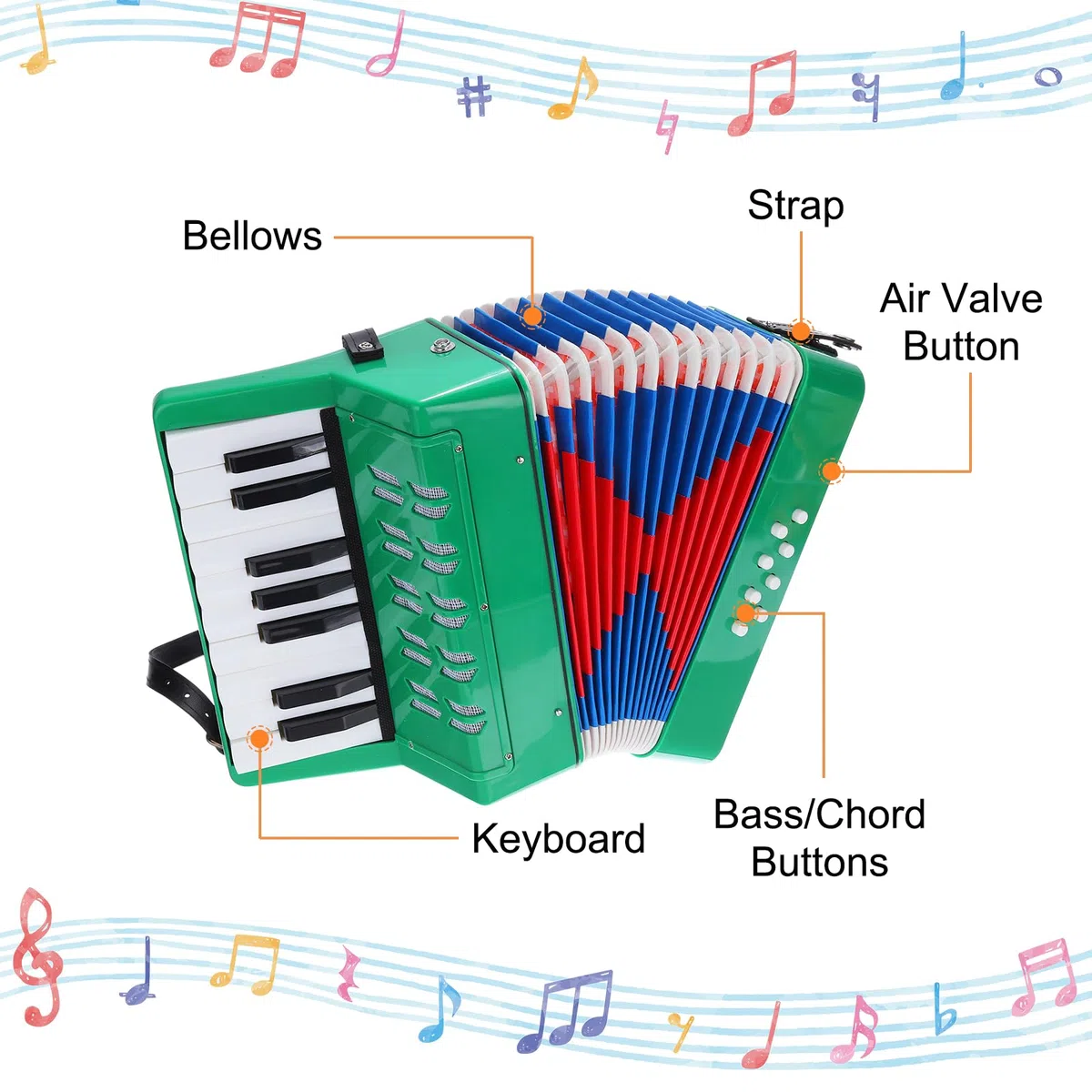QUARKZMAN Akkordeon 17 Tasten 8 Bassknopf Ziehharmonika Spielzeug Mini Musikinstrument Leicht für Erwachsene Anfänger Bildung, Grün