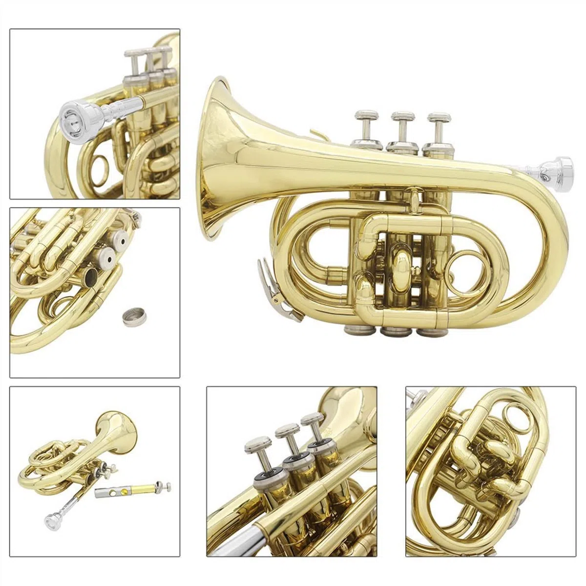 KESHUO Mini-Taschen-Trompete BB Flaches Messing-Windinstrument Mit Mundstückhandschuhen Reinigungstuch Tragetasche Trompete Messing