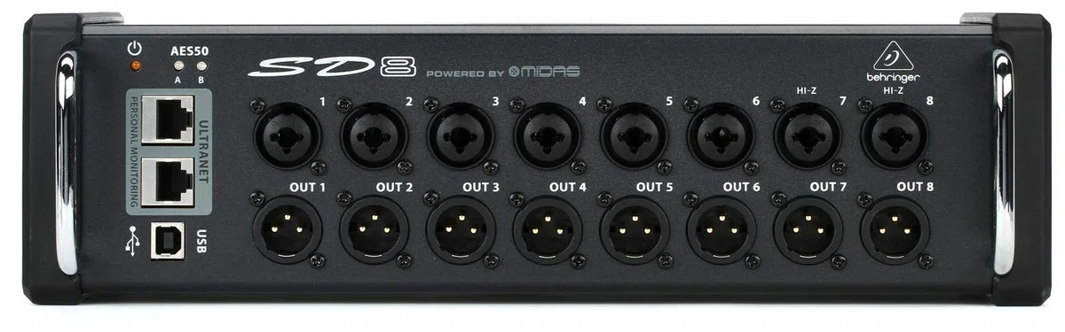 Behringer SD8 I/O Stage Box mit 8 fernsteuerbaren Midas-Vorverstärkern, 8 Ausgängen, AES50-Netzwerk und ULTRANET Personal Monitoring Hub