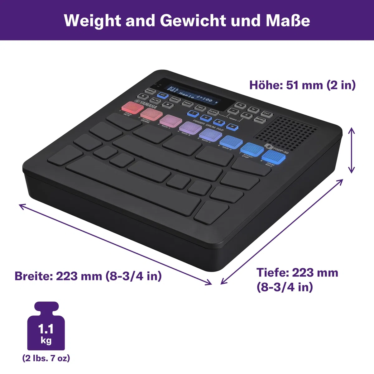 Yamaha FGDP-50 Finger Drum Pad – Elektronisches Drum Pad Mit Ultra-Sensitiven Pads, 48 Preset-Kits, 1.500 Voices, Integriertem Lautsprecher, USB MIDI/Audio, Wiederaufladbarem Akku Und AUX-In