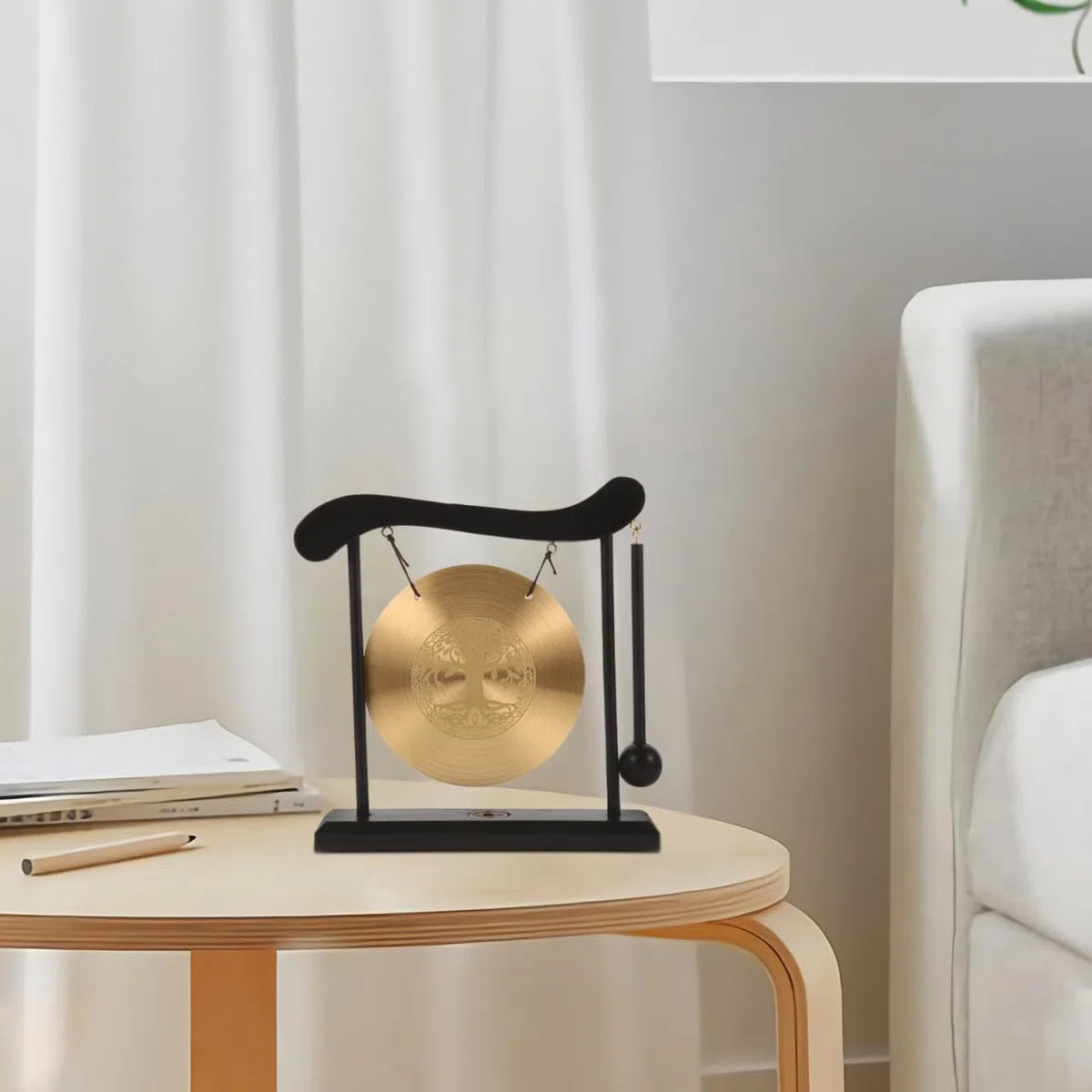 Zerodeko Kleiner Tischgong Lebensbaum aus Metall und Holz Gong Handwerkskunst Tischdekoration für Zuhause und Büro Gong Ornament mit Ständer