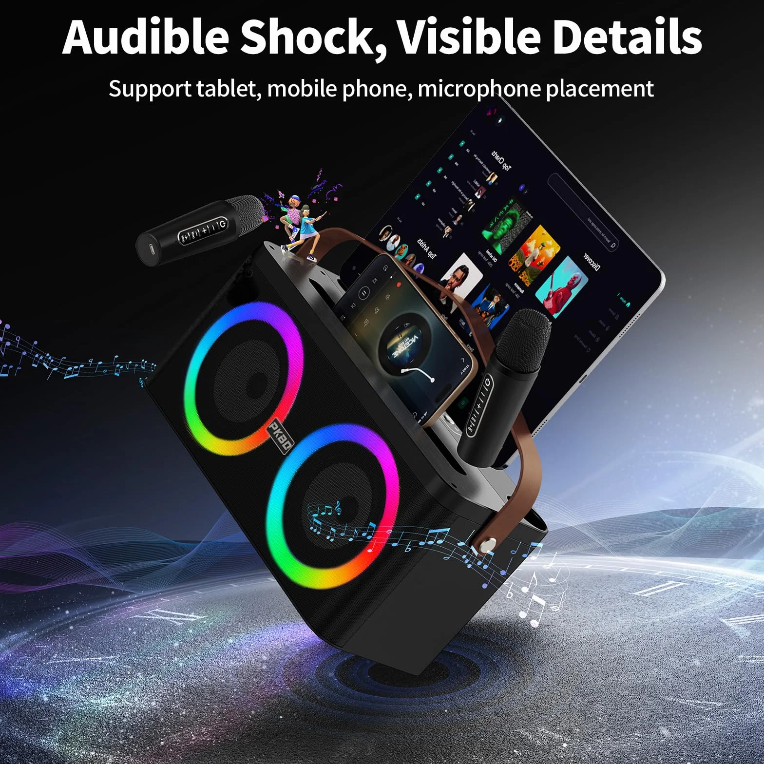 PKBD Karaoke Maschine mit Telefon-/Pad-Halterung, Tragbarer Bluetooth-Lautsprecher mit 2 kabellosen Mikrofonen/LED-Leuchten/PA-System, Unterstützt Mikrofonplatzierung für Heimpartys, Outdoor/Indoor