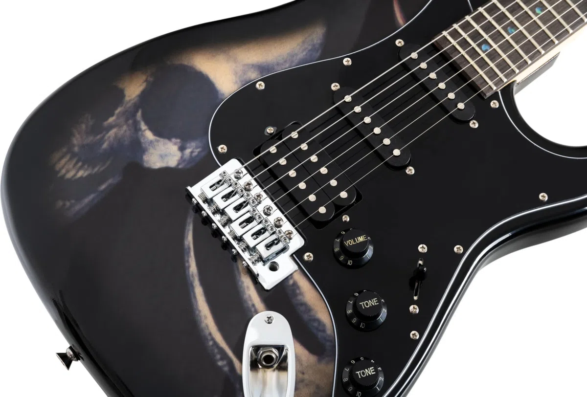 Rocktile Pro ST60-SK E-Gitarre Skull mit Zubehör (Gitarre Gigbag Tasche, Kabel, Plektren, Gitarren Schule mit CD & DVD, Satz Gitarrensaiten)