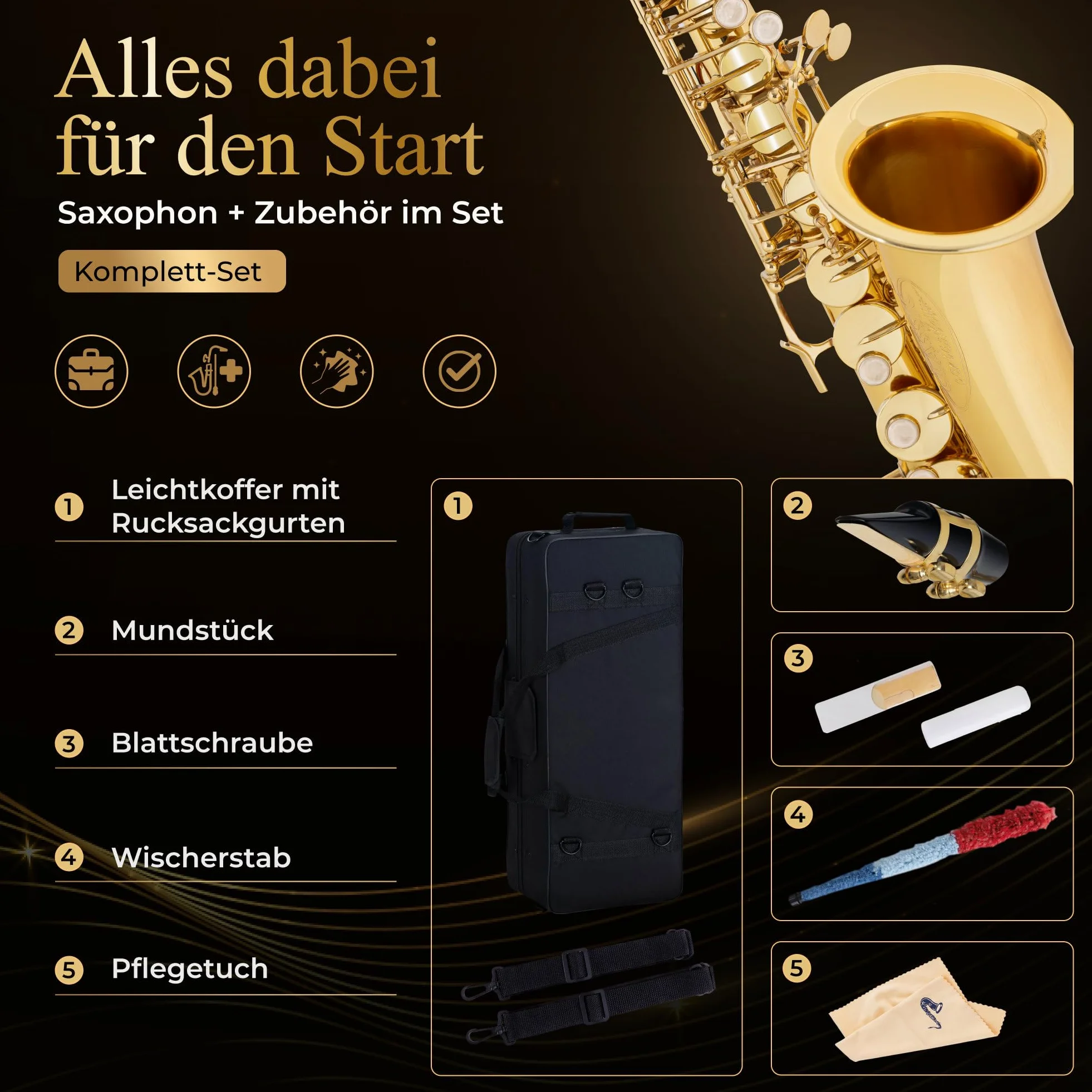 Classic Cantabile Youngstar AS-420 Kinder-Altsaxophon, Eb, Lackiert | Eb-Stimmung, kindgerechte Mechanik, gebogener S-Bogen, Messing, Leichtkoffer mit Rucksackgurten
