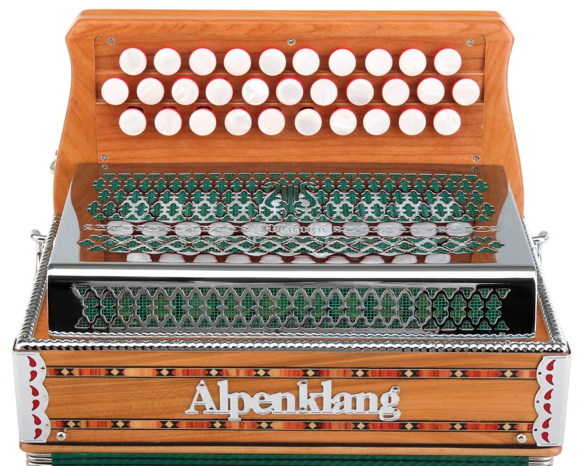 Alpenklang "Mini" Massiv aus Kirschholz (B-Es-As Stimmung, 31 Knopftasten, 11 Helikon-Bässe, 3-reihig, inkl. Rucksack-Case