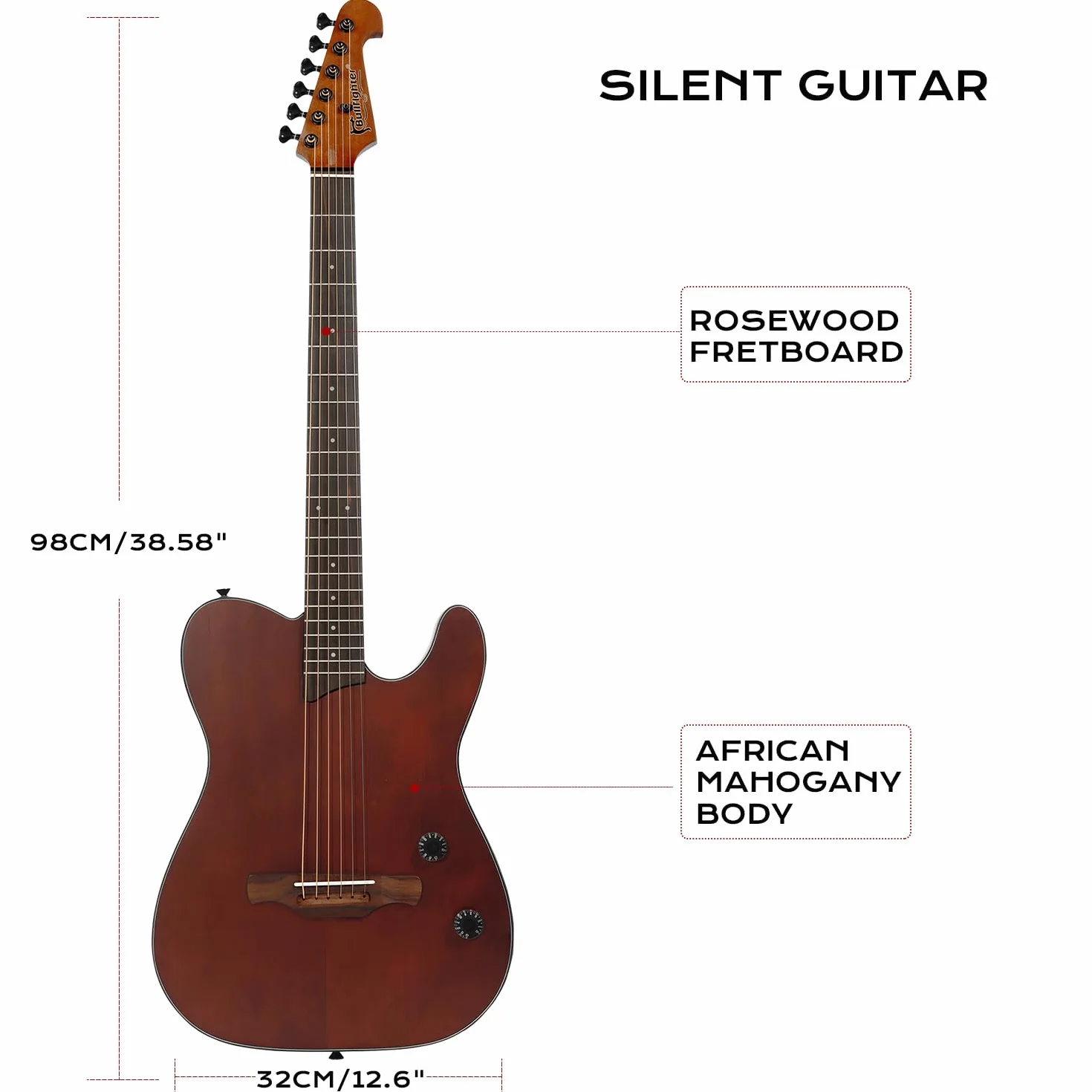 Akustikgitarre leise mit eingebauten Pickups tragbar elektrisch & akustisch nutzbar klassische Gitarre für reisende Musiker & Anfänger inkl. Gigbag, Gurt, Stahlsaiten, Kabel und Plektren (Braun)