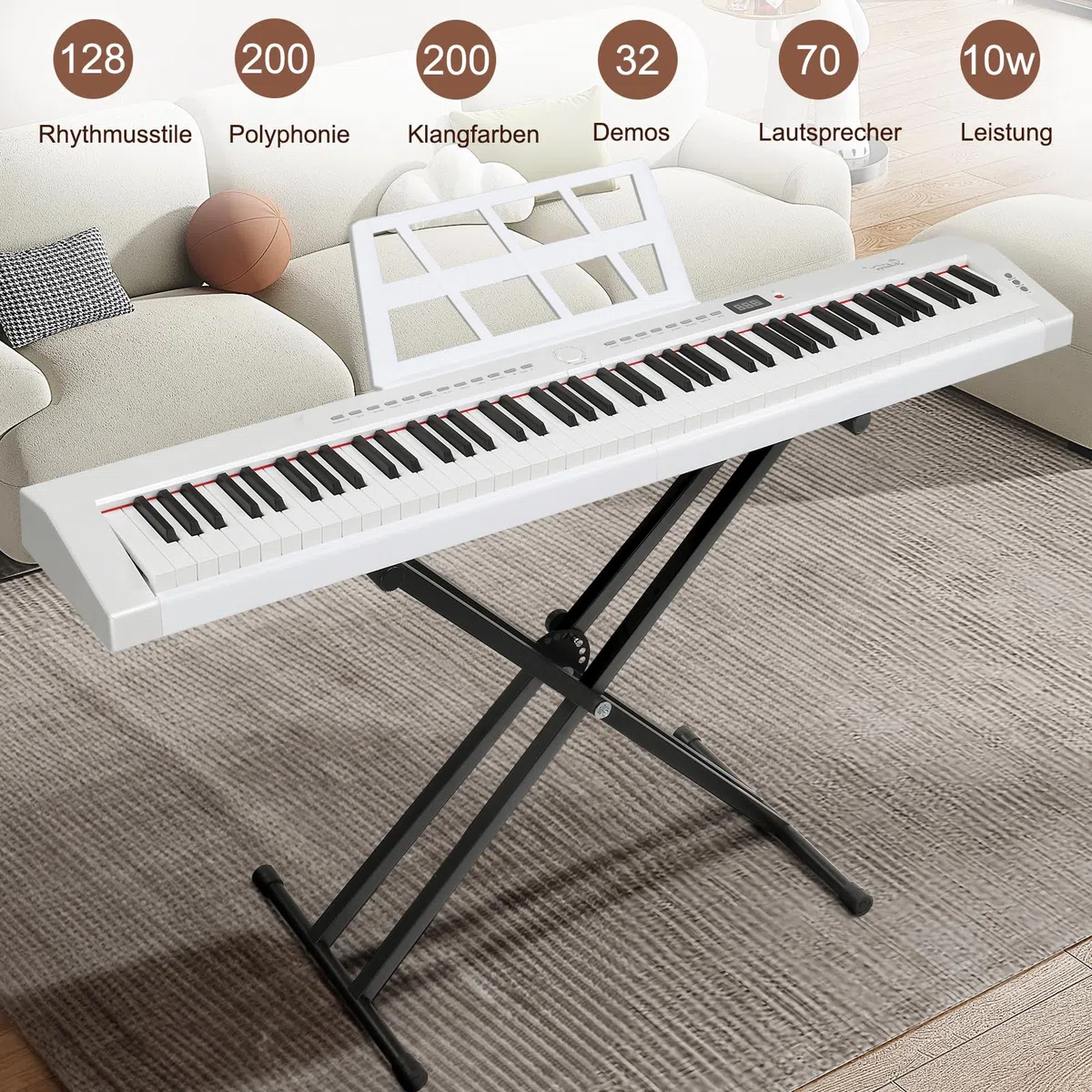 Bonnlo GPP-105 E Piano 88 Tasten, Digitalpiano Semi-Gewichtete Tastatur mit Dual-Bluetooth, Kopfhörer, Sustain-Pedal-System, Ständer, für Musikliebhaber und Anfänger, Weiß