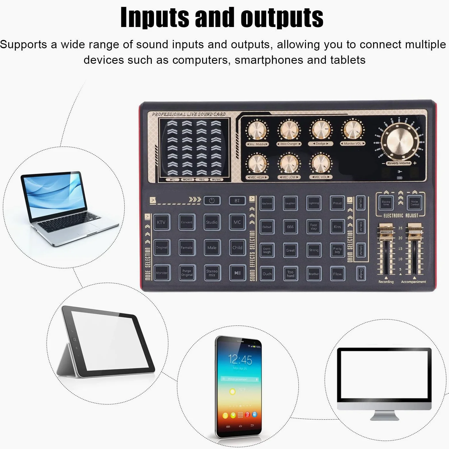 Live Sound Card, Portable Sound Mixer with Voice Changer, Audio Mixing Console for Live Streaming Recording Accompaniment