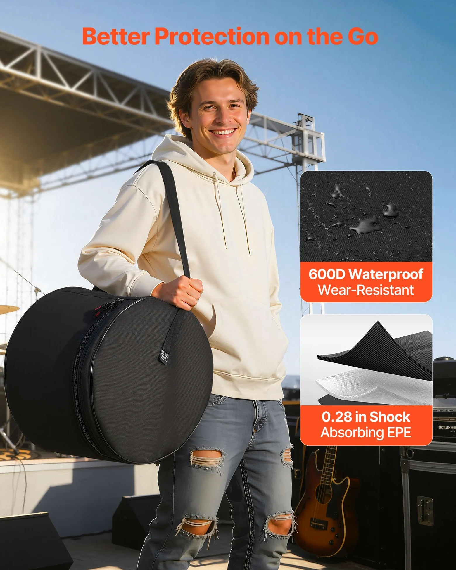 VEVOR 5 tlg. Schlagzeugtaschen Set, Drum Taschen Set, 600D Oxford-Stoff, gepolstert mit festen Schulterriemen & rutschfesten Tragegriffen, für Transport & Aufbewahrung von Drum, Kick, Tom & Snare