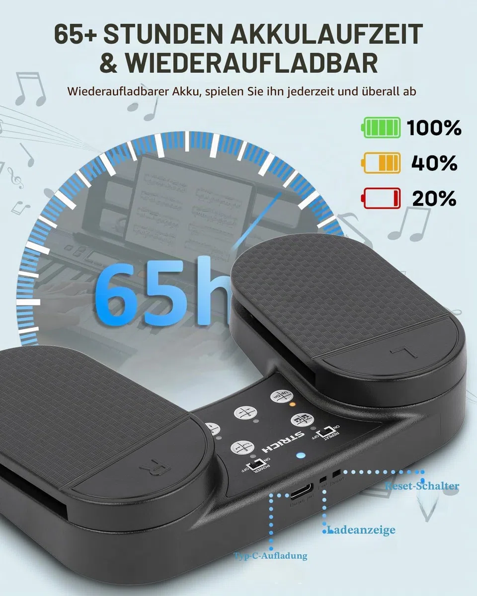 STRICH Drahtloser Page Turner Pedal für iPad, Wiederaufladbares Musikseitenumblätter-Pedal, 5 Modi, USB Lautloses Fußpedal für Tablets, iPad Pro, Instrumente Spielen, PC, SPT-10