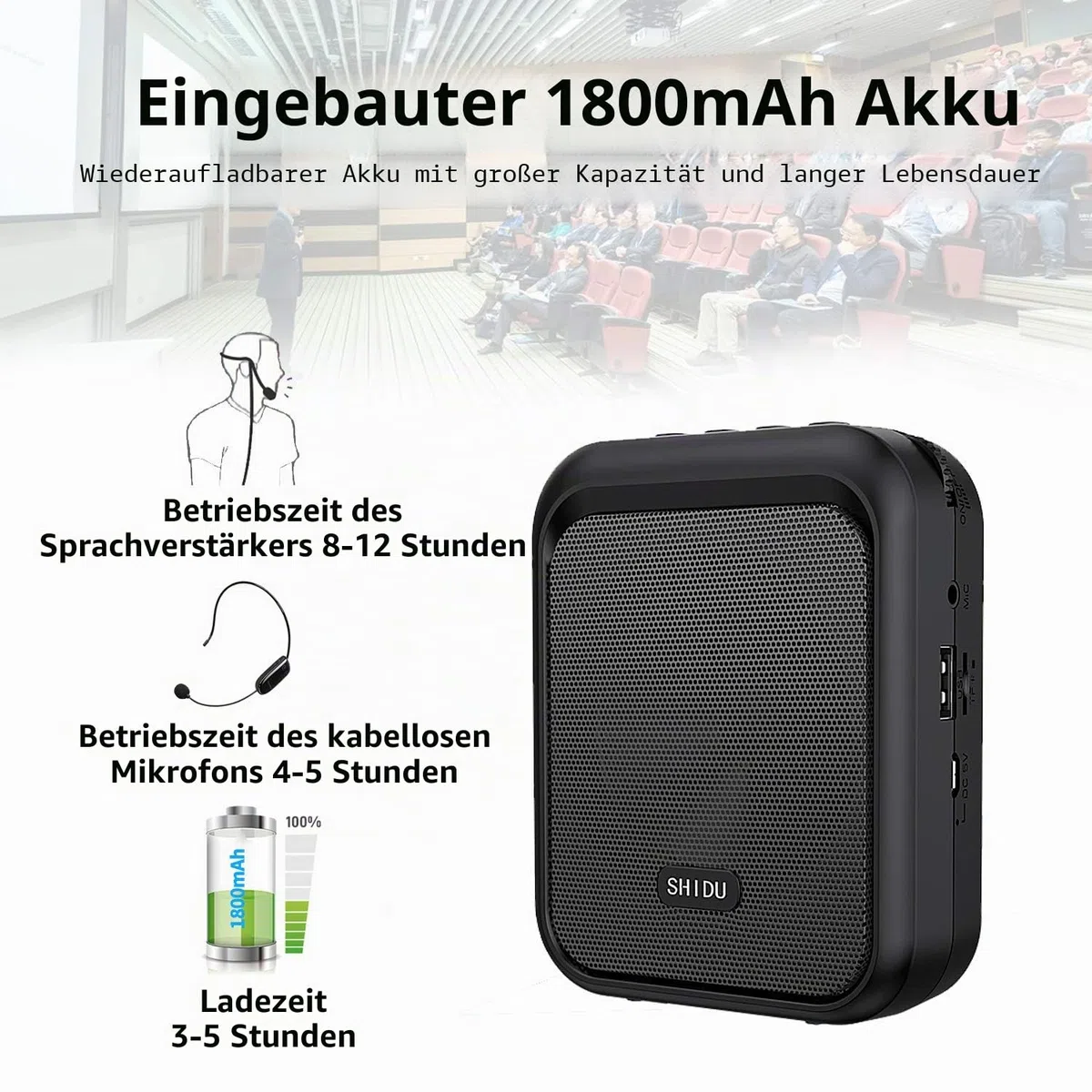 SHIDU Sprachverstärker Tragbarer Bluetooth Lautsprecher mit drahtlosem UHF Mikrofon Headset 10W 1800mAh PA-System Unterstützt Audio im MP3-Format für Lehrer, Taxifahrer, Trainer, Training, Reiseleiter