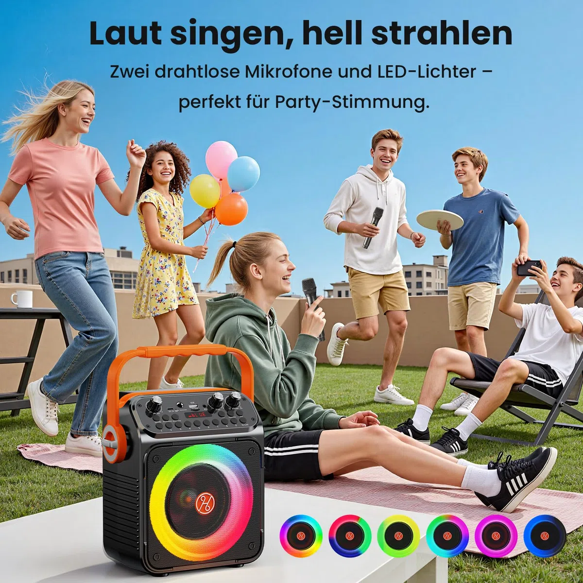 HWWR Karaoke Maschine mit 2 Mikrofonen, Bluetooth 5.3 Lautsprecher mit LED-Lichteffekten und Echo-Regelung, tragbare Karaoke Box mit USB/AUX/TF/FM, für Kinder und Erwachsene