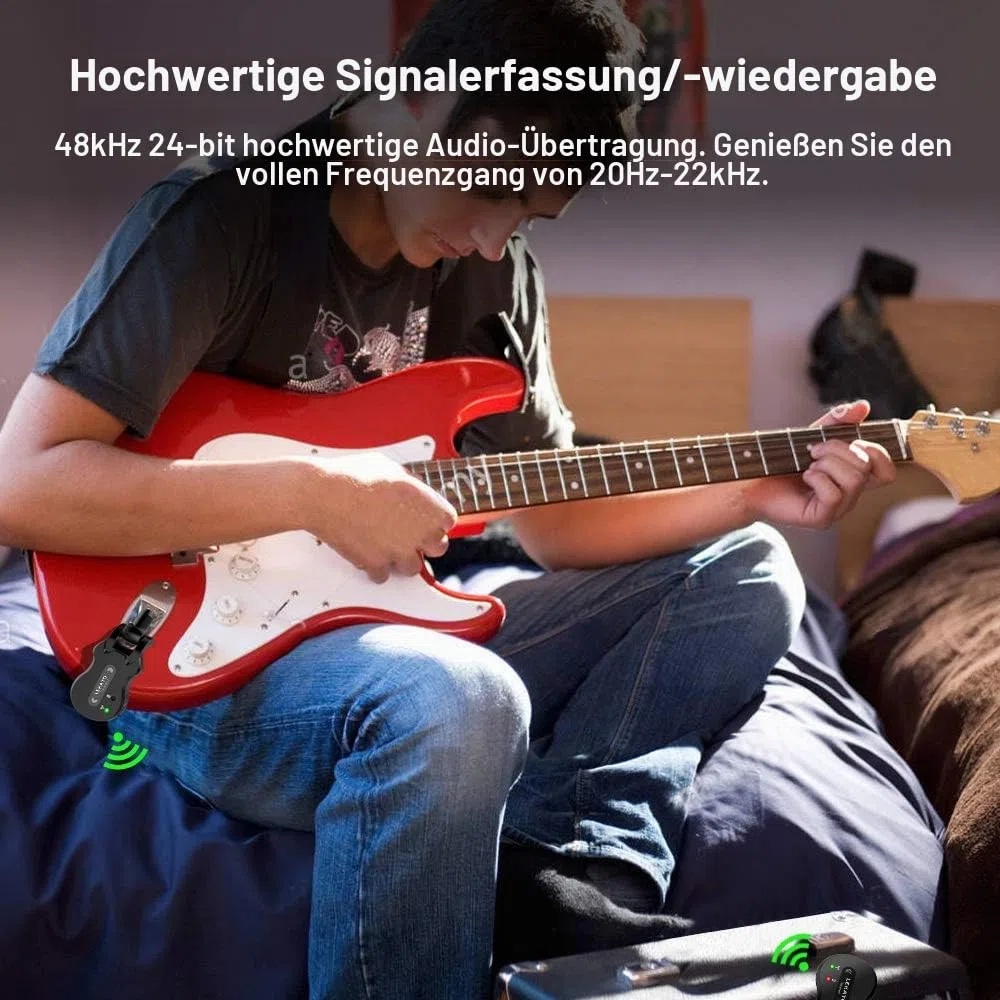 LEKATO 5,8 GHz Drahtloses Gitarrensystem Drahtloses Gitarrensystem Wiederaufladbares digitales Gitarrenkabel mit starker Anti-Interferenz-Fähigkeit für Bassgitarren