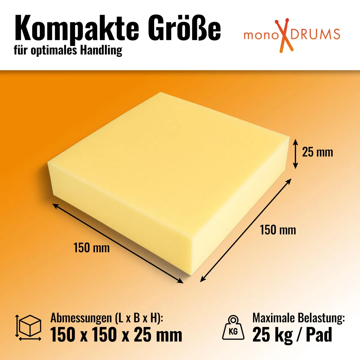 6x monoDRUMS Schlagzeug Sylomer Pads –150×150×25 mm – Traglast 150 kg – für Schlagzeug Zubehör Drum Podest (6er)