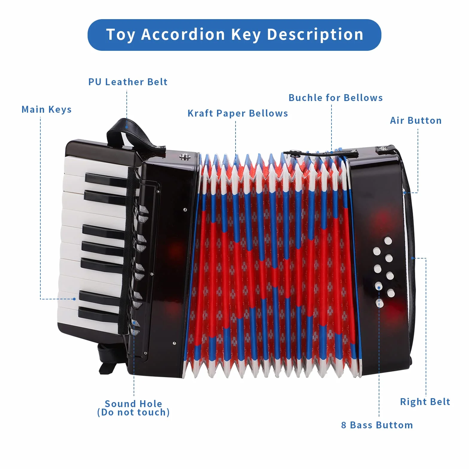 Akkordeon, 17 Tasten, 8 Basskn?pfe, Mini-Akkordeon-Instrument, Spielzeug-Akkordeon-Musikinstrument mit Einziehbarem Lederriemen f¨¹r, Anf?nger, Sch¨¹ler, P?dagogisch