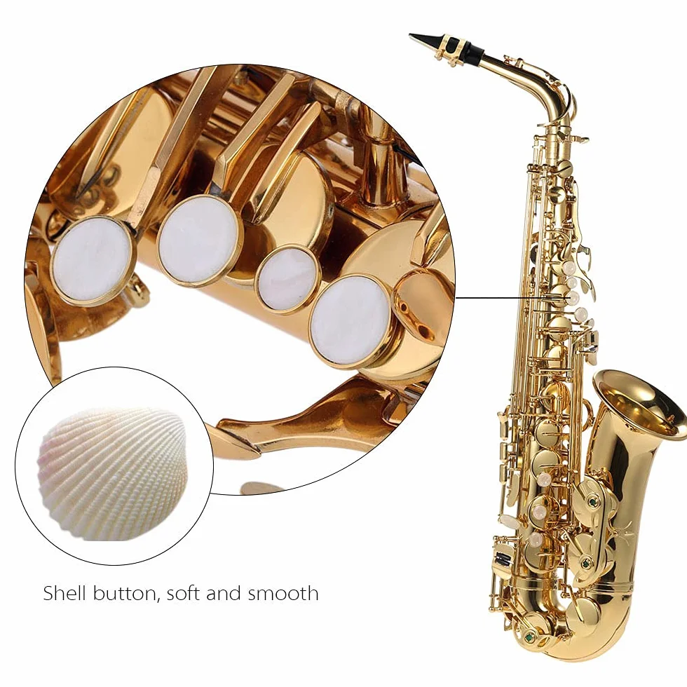 Alto Saxophon, vergoldetes Messing und Sax Becken, 802 Tonart, Woodwind-Instrument, mit Reinigungsbürste, Tuch, Handschuhen, Korkfett, gepolstertem Trageriemen