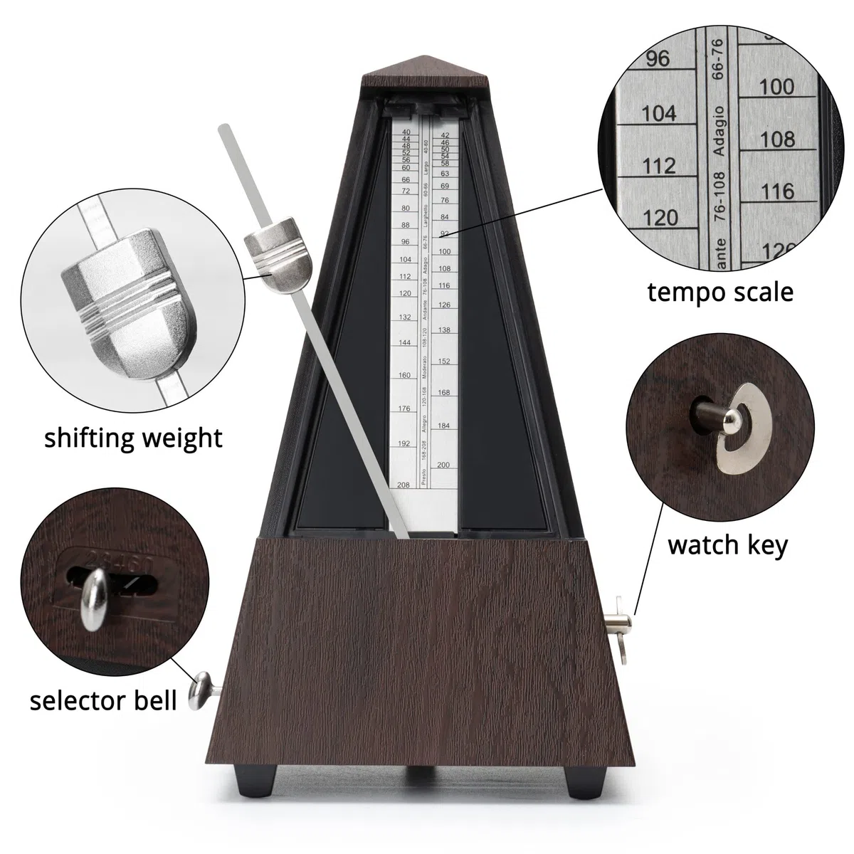 M-03G Metronom mit Glocke - Mechanischer Taktgeber in Pyramidenform - 40-208 Schläge pro Minute - 4 Taktarten - Robustes Kunststoffgehäuse - Braun mit Holzmaserung