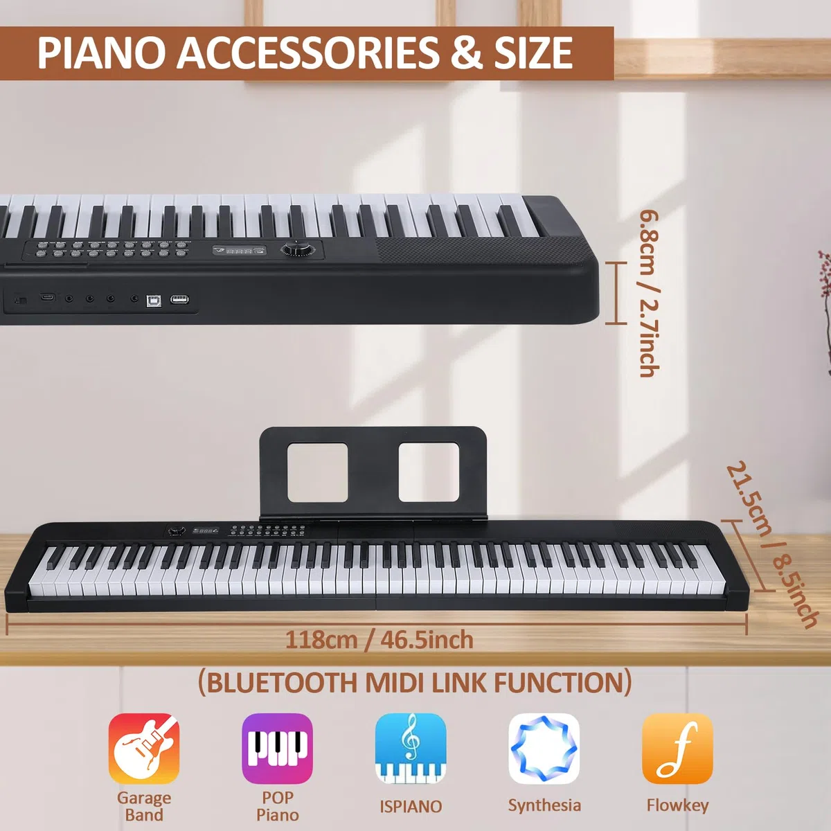Klaviertastatur mit 88 Tasten, elektrisches Digitalpiano mit halbgewichteten Tasten, Keyboard Piano mit Sustain-Pedal, Netzteil, Ständer, Tragetasche, Kopfhörer, USB-MIDI-Kompatibilität, für Anfänger