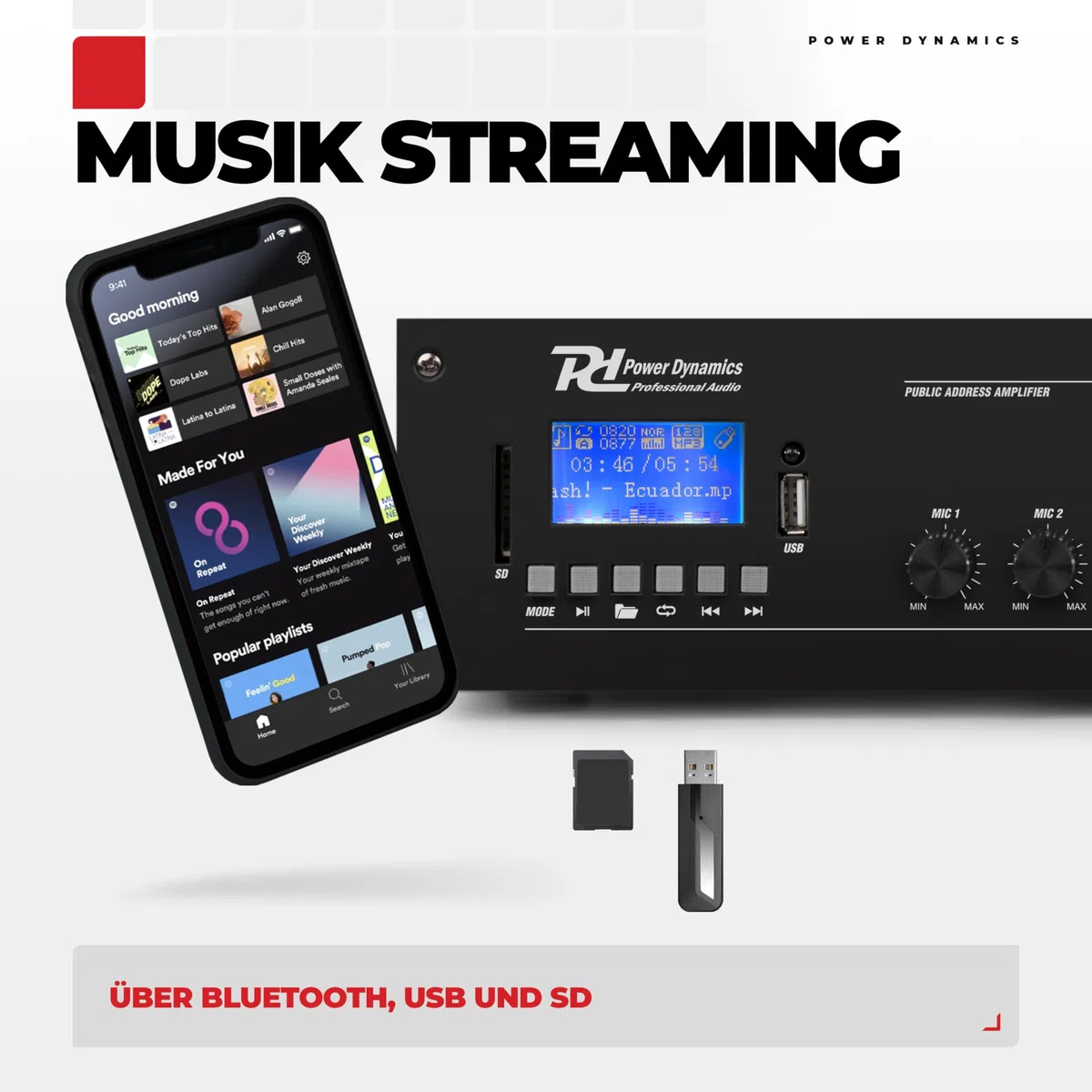 Power Dynamics PRM60 PA Endstufe - Verstärker für Lautsprecher und Musikanlagen, 100 Volt System, 60 Watt PA Verstärker, Bluetooth, MP3-Player, USB, SD, 2x Mic, Soundverstärker