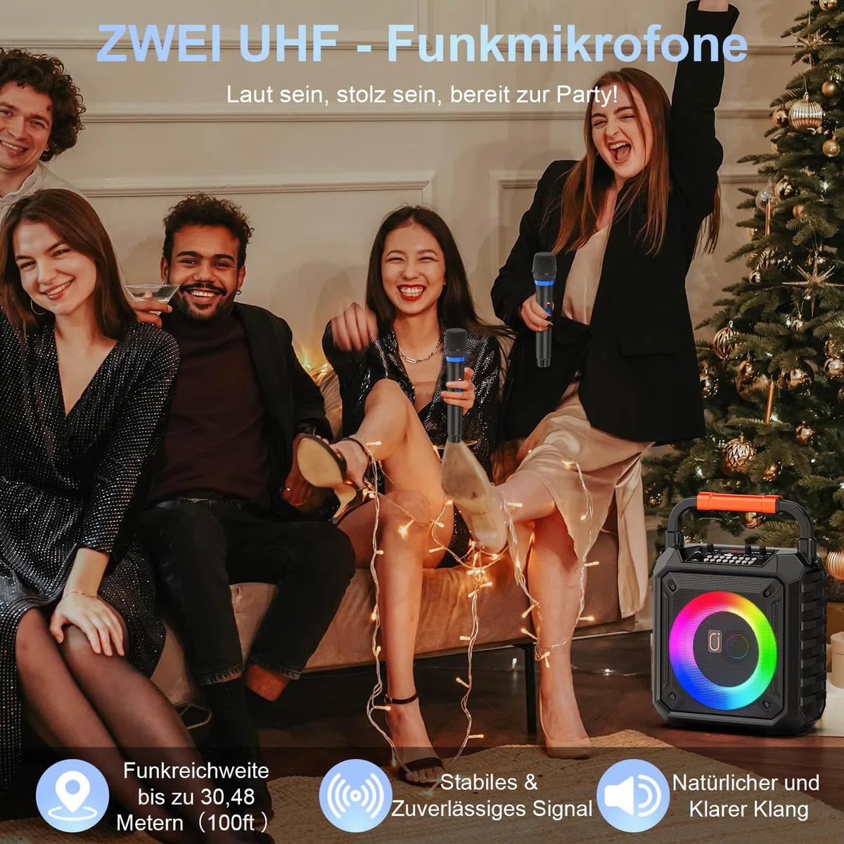 JYX Karaoke Maschine mit 2 kabellosen Mikrofonen, Bluetooth 5.3, 80W Lautsprecher, 6,5-Zoll-Bass, bis 12 Std., LED-Licht, USB/TF/AUX, tragbares Karaoke Set für Kinder und Erwachsene