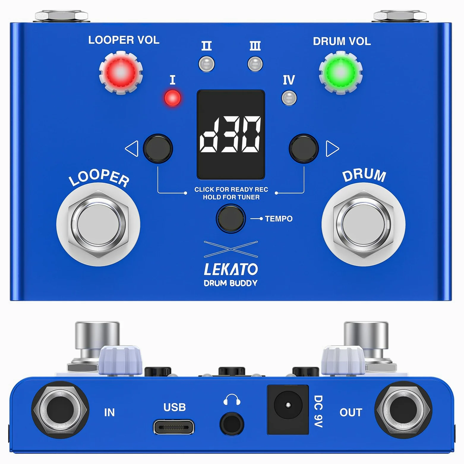LEKATO Drum Looper Pedal mit Stimmgerät, 4 Loops, 11 Minuten Loop Pedal mit Drumcomputer 30 Trommeln mit App zum individuellen Bearbeiten und Speichern für E-Gitarre und Bass, Tempo klopfen