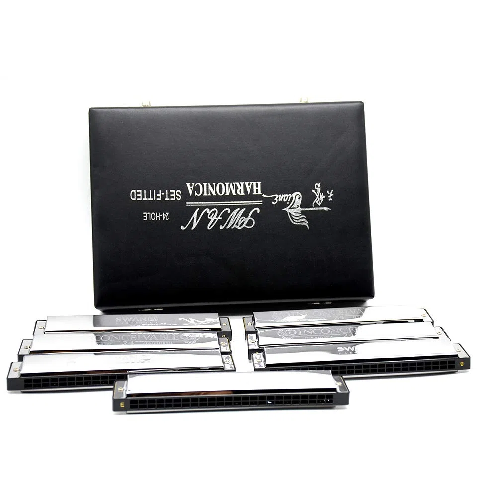 swan 24-hole polyphonic harmonica 7 sets silver C D E F G A B professional performance set for Adults Beginners Students Kids, Perfect Interest Gift