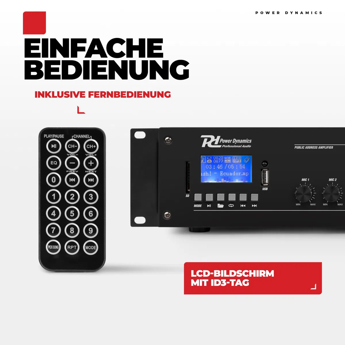 Power Dynamics PRM60 PA Endstufe - Verstärker für Lautsprecher und Musikanlagen, 100 Volt System, 60 Watt PA Verstärker, Bluetooth, MP3-Player, USB, SD, 2x Mic, Soundverstärker