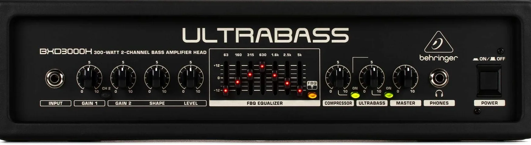Behringer ULTRABASS BXD3000H Bassverstärker Topteil, 300 Watt Bass Amp mit 2 Kanälen, FBQ-Spektrumanalysator, Ultrabass-Prozessor und integriertem Kompressor für E-Bass