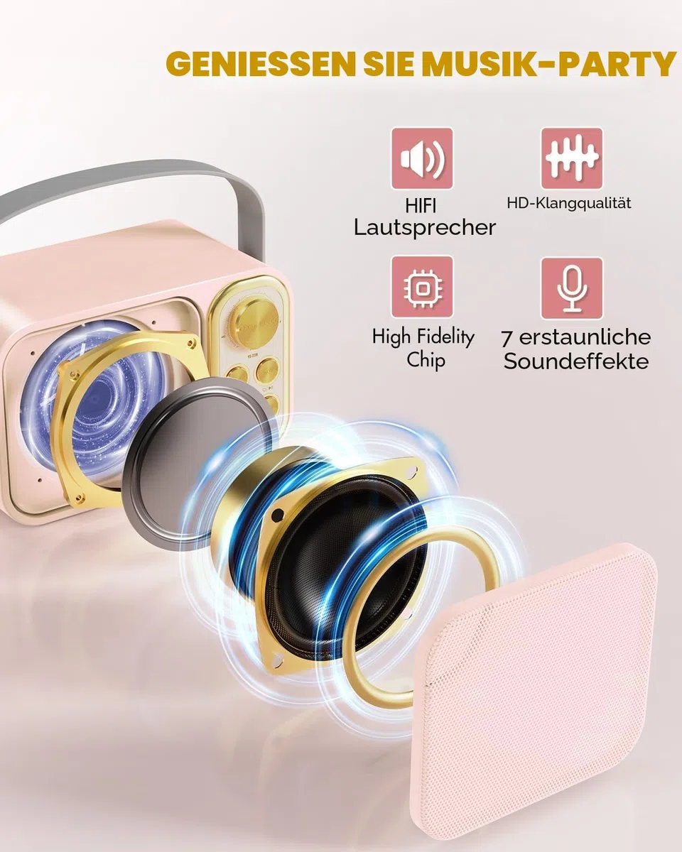 Karaoke Maschine mit 2 Mikrofonen, Mini Karaoke Anlage mit 7 Stimmeffekten, tragbare Bluetooth Karaoke Lautsprecher für Kinder & Erwachsene, Perfekt für Partys, Geburtstage