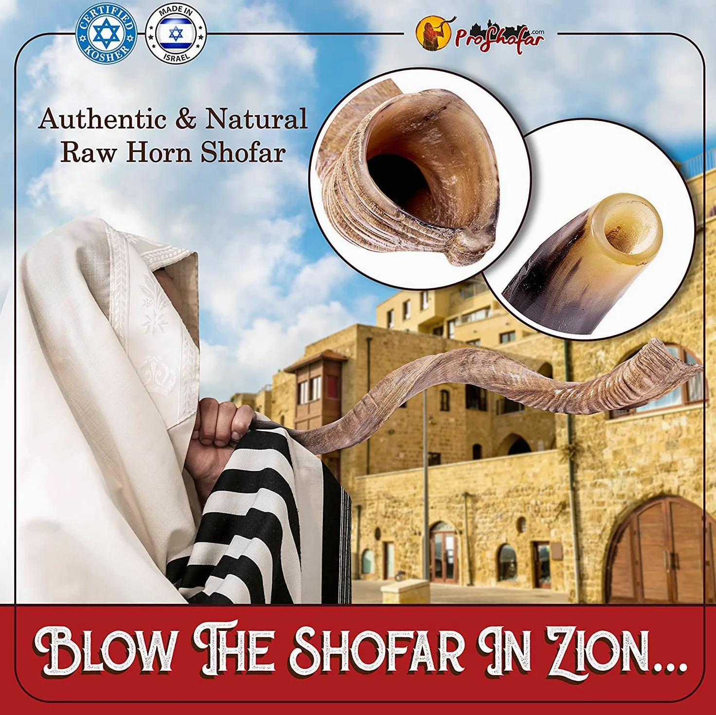Israel Schofar Set – Naturkudu-Horn-Schofar – koscheres Schofar Jemenitisches traditionelles Musikinstrument für jüdische spirituelle Zeremonien und religiöse Predigten, hergestellt in