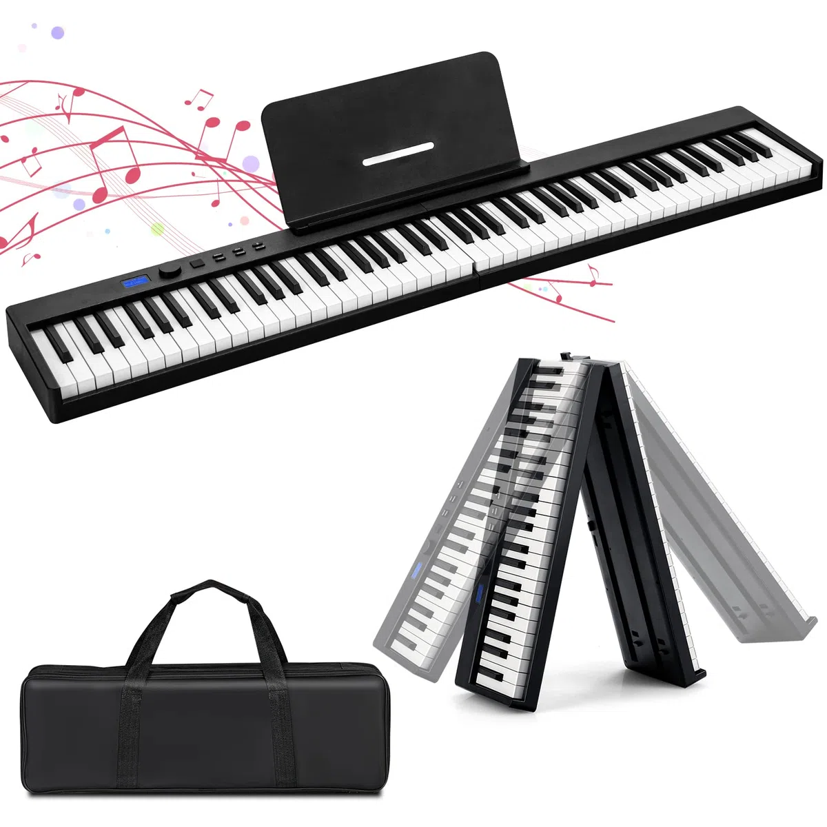GYMAX 88 Tasten Faltbares Keyboard Piano, Full-Size Digitalpiano mit Bluetooth, USB/MIDI-Controller, Sustain Pedal, wiederaufladbarer Akku & Klaviertasche, tragbare elektronische Tastatur für Anfänger