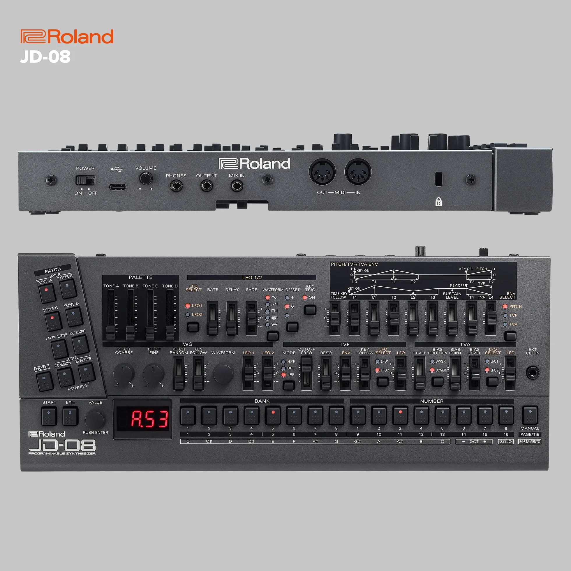 Roland JD-08 Soundmodul Boutique-Synthesizer – Kompakte, moderne Nachbildung des legendären Roland JD-800 aus den 90er Jahren mit neuen Effekten, polyphonem Sequencer und mehr – Leicht, mobil