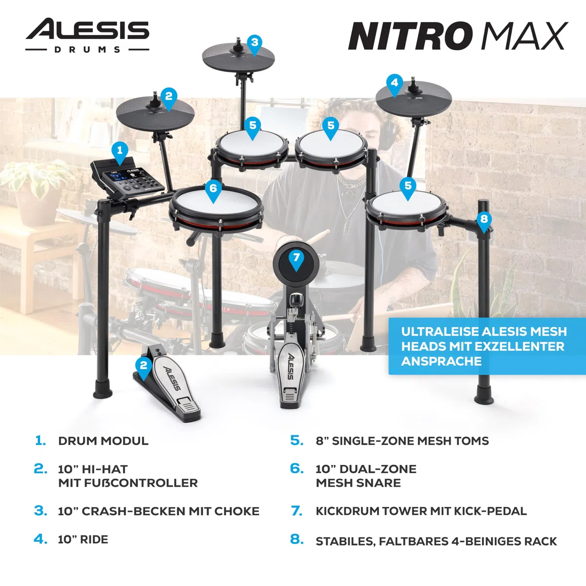 Alesis Nitro Max Kit 10-teiliges Elektronische Schlagzeug mit Quiet Mesh Pads, 10" Dual Zone Snare, Bluetooth, 440+ Sounds, Drumeo, USB MIDI, Kick Pedal