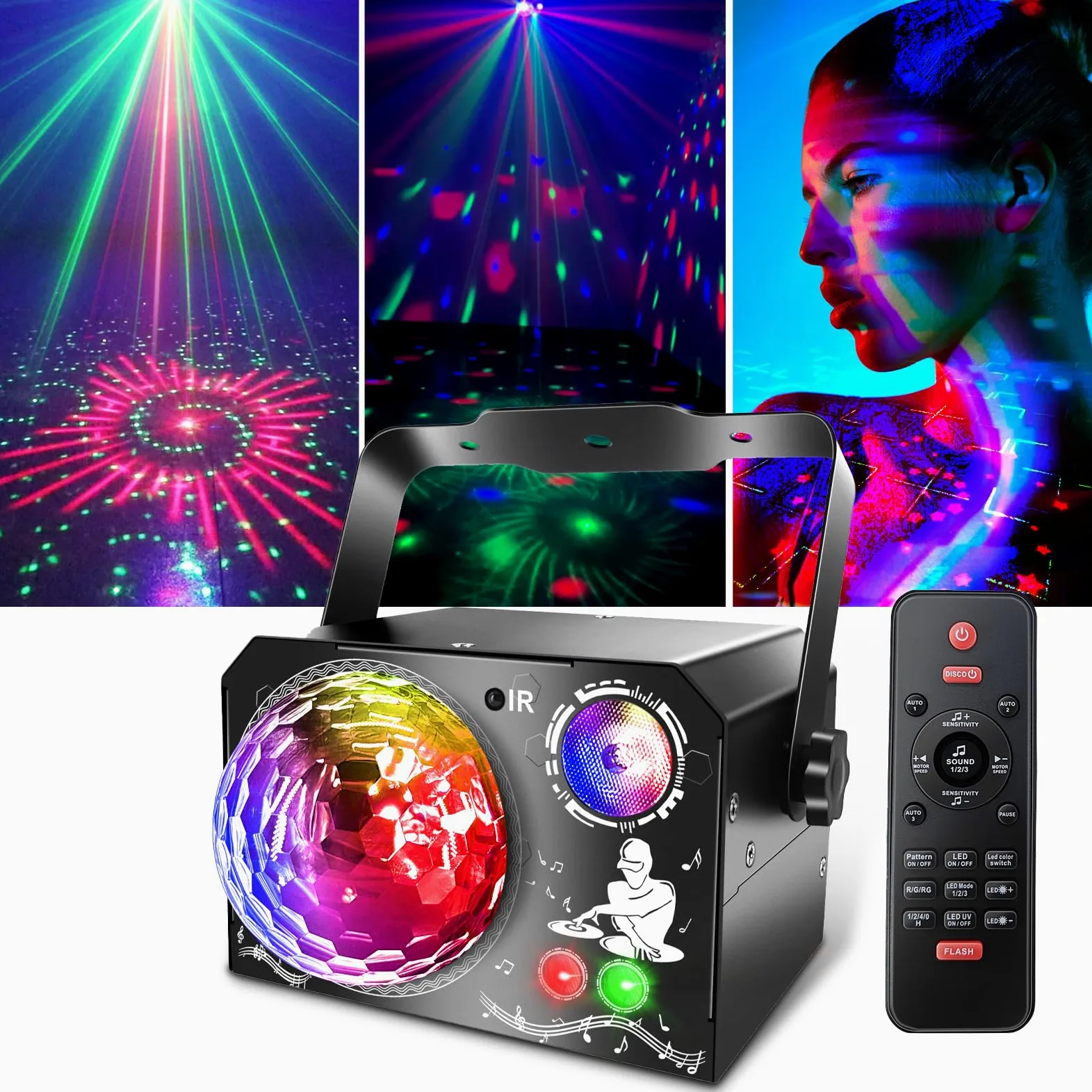 4 in 1 Discokugel, Fwiull DJ Discolicht Partylicht 65 Muster, Musikgesteuert Disco Party Licht, RGB UV Stroboskop, Sprachsteuerte Party Lampe mit 2M USB für Party Fest Klub Halloween Weihnachten