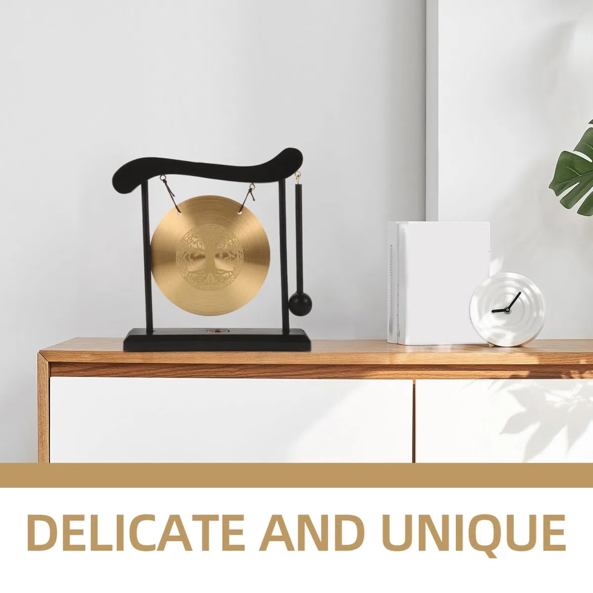 Zerodeko Kleiner Tischgong Lebensbaum aus Metall und Holz Gong Handwerkskunst Tischdekoration für Zuhause und Büro Gong Ornament mit Ständer