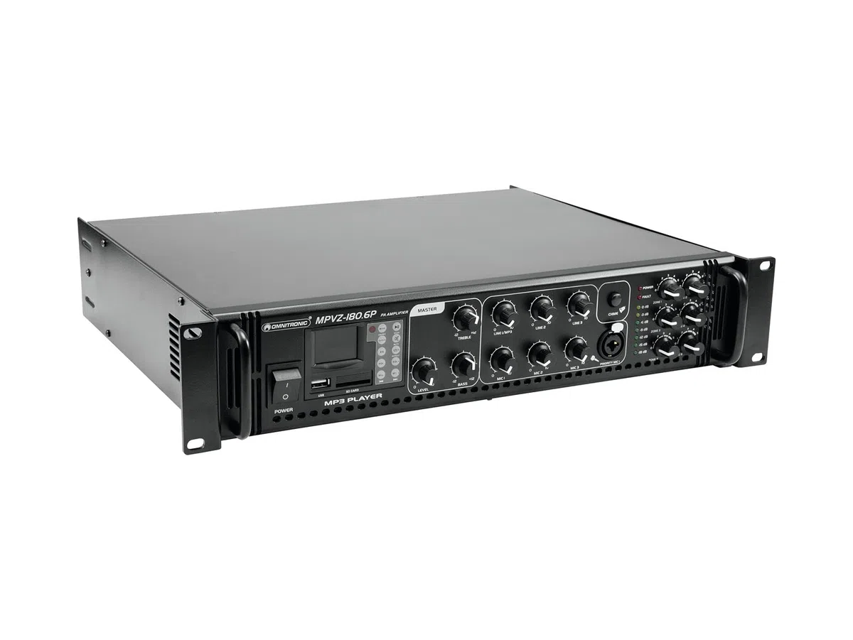 OMNITRONIC MPVZ-180.6P Mischverstärker | 6-Zonen-ELA-Mono-Mischverstärker, MP3-Player & IR-FB, Zonen regelbar, 180 W