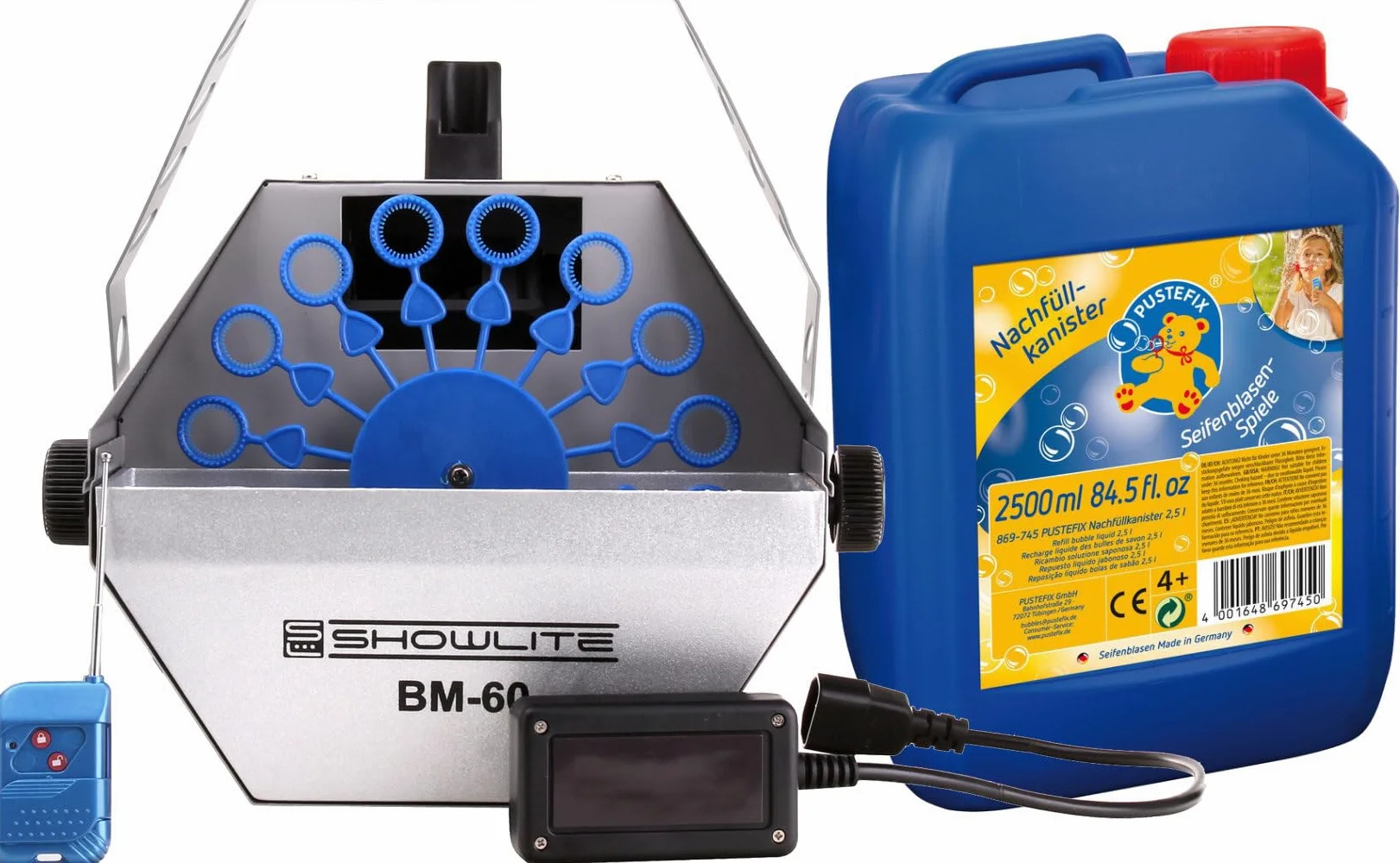 Showlite BM-60 Seifenblasen Set inkl. Seifenblasenfluid (kompakte Seifenblasen Maschine mit Funk-Fernbedienung und 2,5-Liter Seifenblasenfluid auf Wasserbasis)